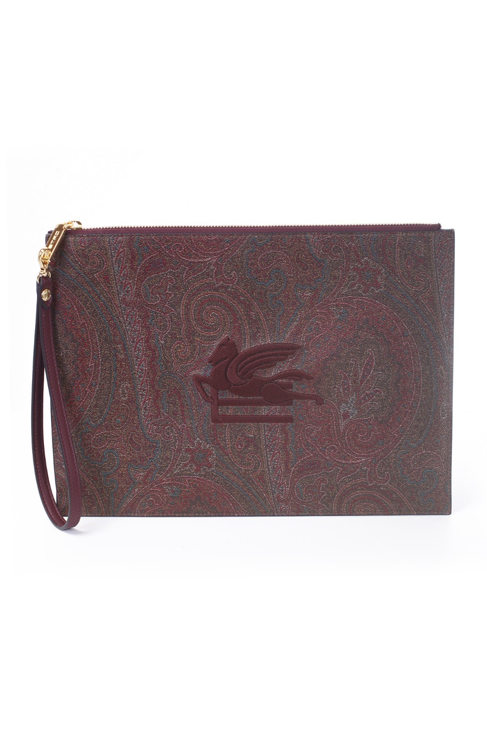 shop ETRO  Borsa: Etro pouch maxi, realizzata nell'iconico tessuto Paisley jacquard e caratterizzata dal logo ETRO Pegaso ricamato a filo dall'effetto tridimensionale. Laccio da polso removibile.
Dimensioni: 32 x 24 cm.
Esterno: Tessuto di cotone Paisley jacquard spalmato con grana opaca e doppiato in tela.
Finiture: 100% pelle di vitello.
Interno: 100% poliestere.
Chiusura con cerniera.
Tasca interna applicata.
Laccio da polso removibile altezza (luce) 18 cm.
Accessori metallici con finitura dorata.
Made in Italy.. 1P039 7567-0600 number 7863642